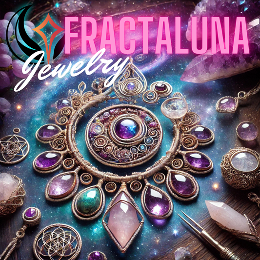 A close-up of elegant handcrafted jewelry by Jujusols, featuring intricate wire-wrap designs with glowing gemstones. The image should have a cosmic backdrop, like a starry sky or galaxy swirl, with FRACTALUNA branding and logo subtly integrated.