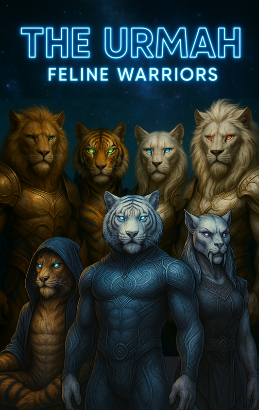 Illustration of seven powerful humanoid feline warriors, known as the Urmah, including lions, tigers, and sabretooth-style beings with glowing eyes, intricate armor, and cosmic backgrounds.